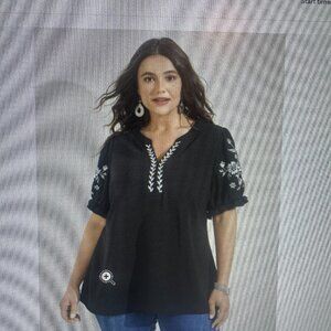 BloomChic Notched Collar Embroidered Ruffled Blouse women's Plus